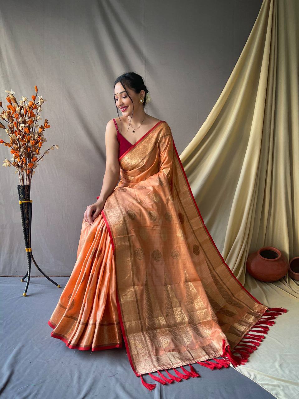 Orange Pure Cotton Linen Saree With Copper And  Gold Zari Mottifs