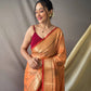 Orange Pure Cotton Linen Saree With Copper And  Gold Zari Mottifs