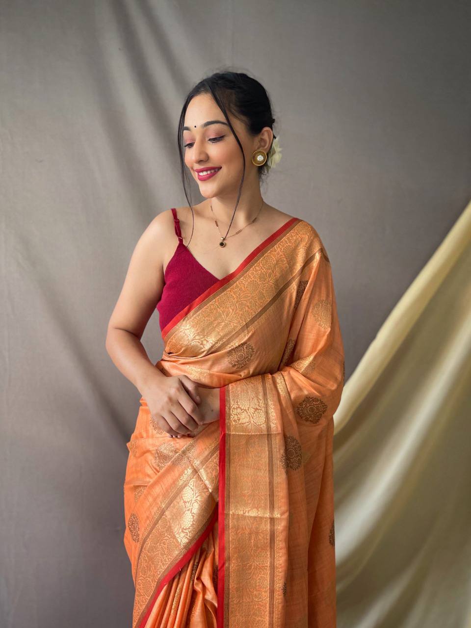 Orange Pure Cotton Linen Saree With Copper And  Gold Zari Mottifs