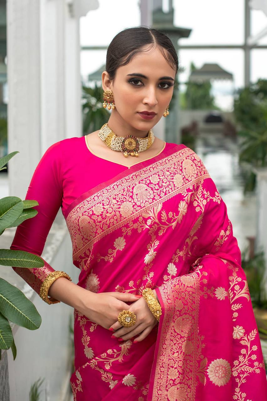 Pink Soft Banarasi Katan silk saree