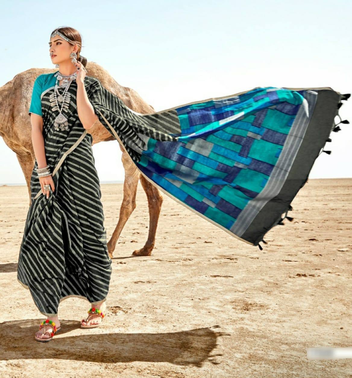 Blue Linen Silk Weaving Saree With All Over Silver Zari Woven Strips