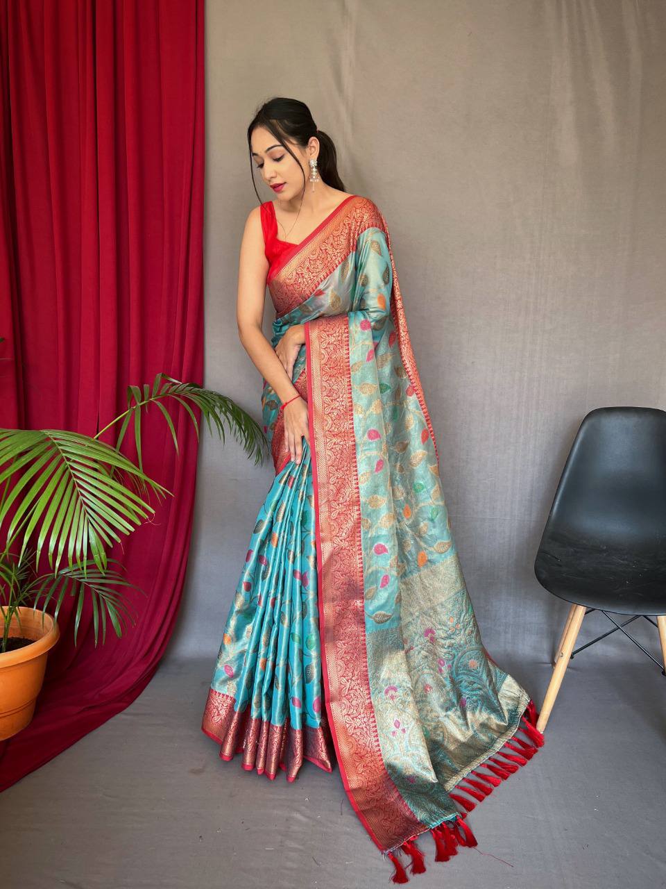 Sky Blue  Pure Tissue Silk Saree With Zari Weaving