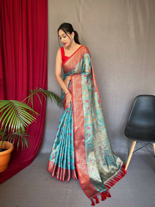 Sky Blue  Pure Tissue Silk Saree With Zari Weaving