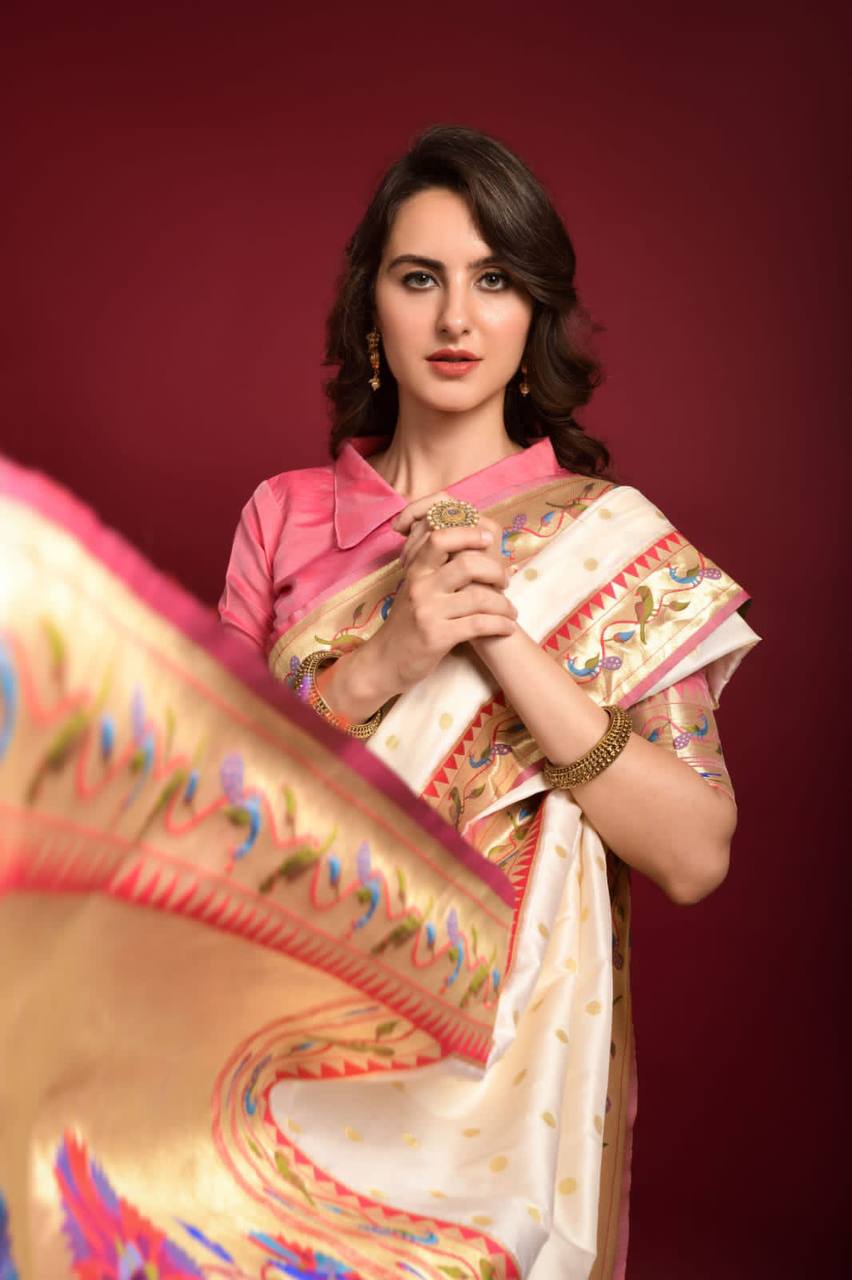 Cream Banarasi Soft Silk Paithani Saree With Fancy Meena