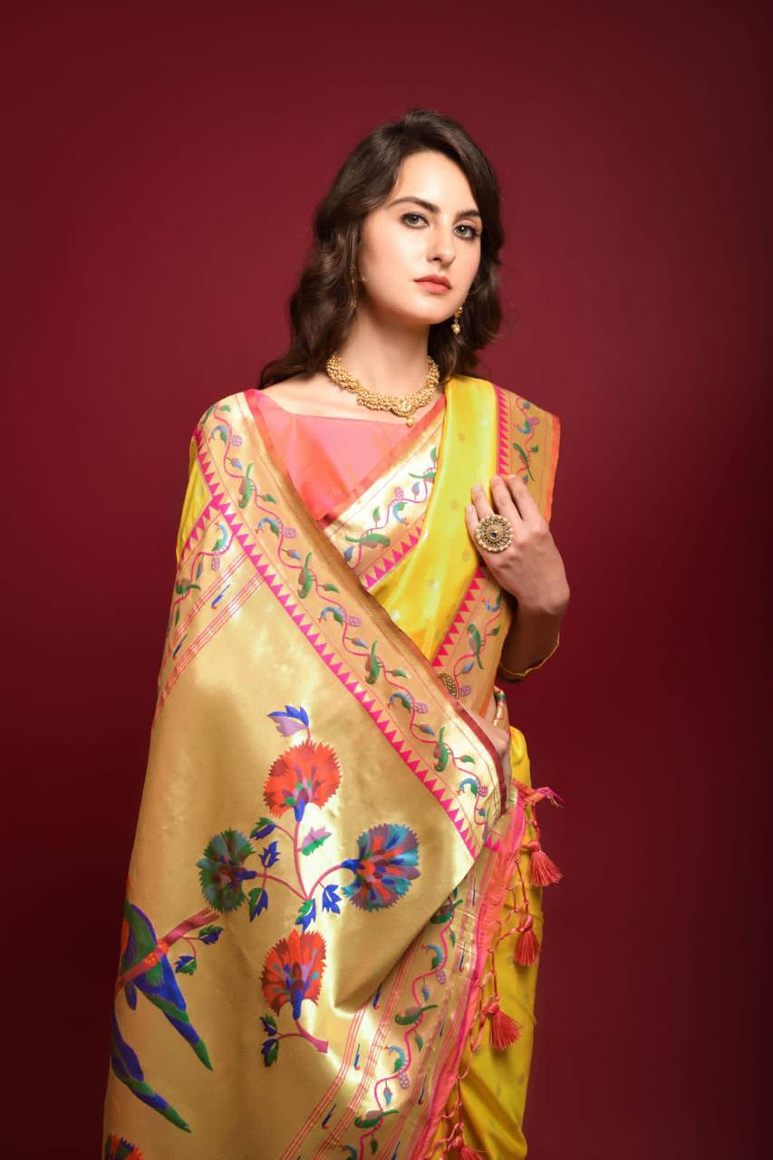 Yellow Banarasi Soft Silk Paithani Saree With Fancy Meena