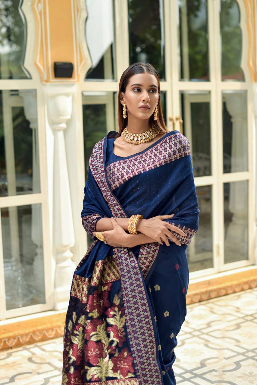 Blue Linen Silk Saree With Sequence Zari Weaves