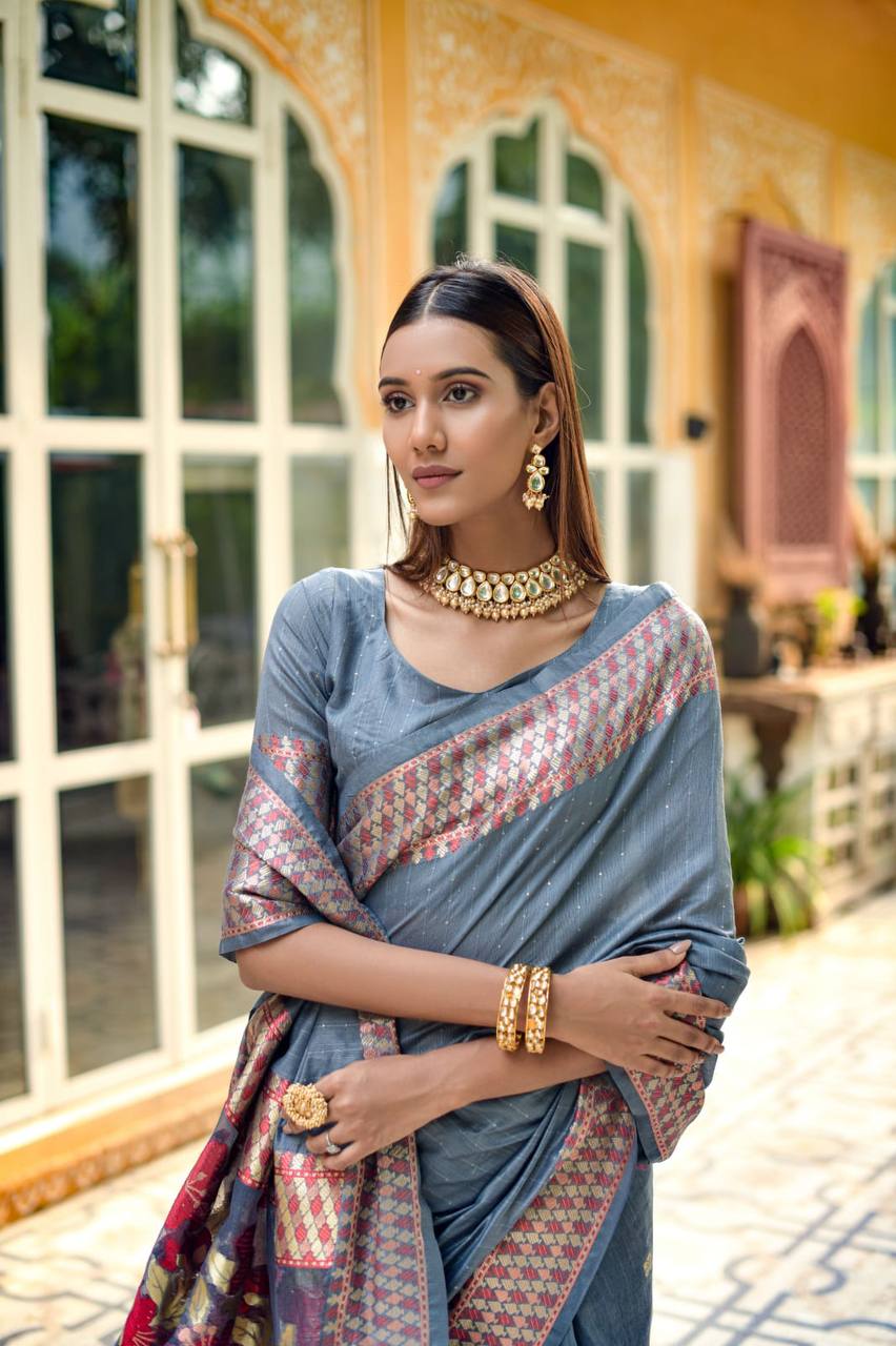 Grey Linen Silk Saree With Sequence Zari Weaves