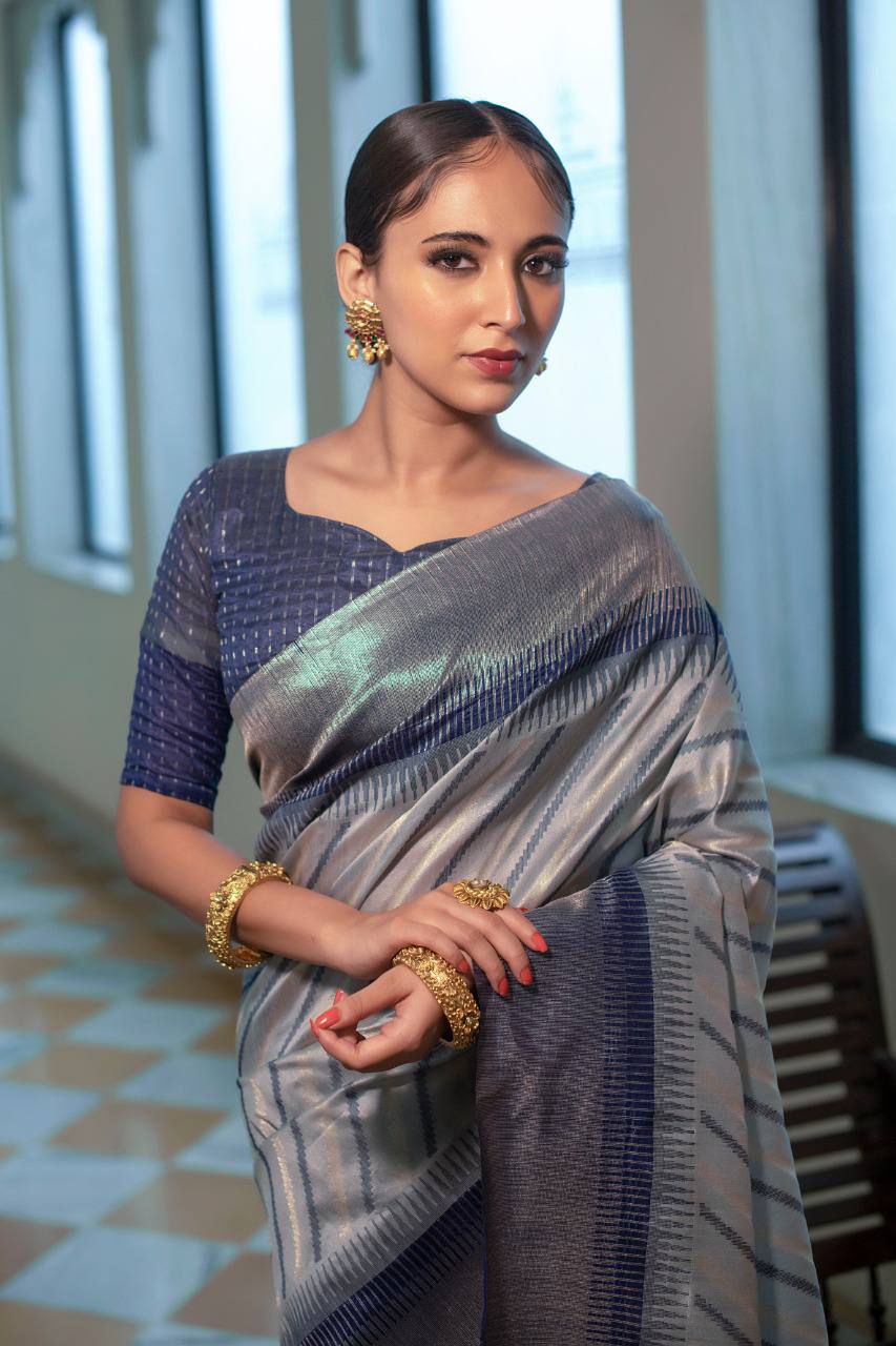 Grey Semi Tussar Silk Saree