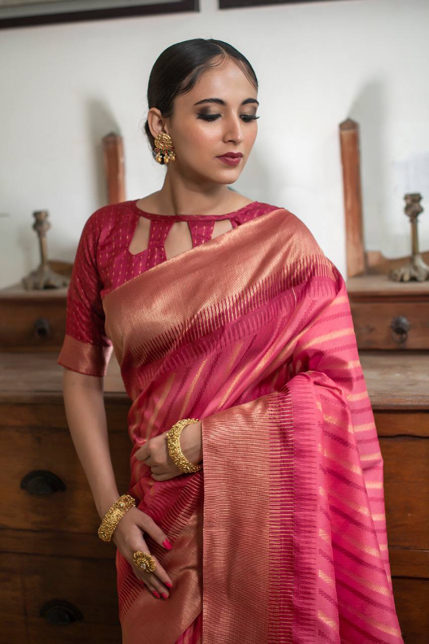 Pink Semi Tussar Silk Saree