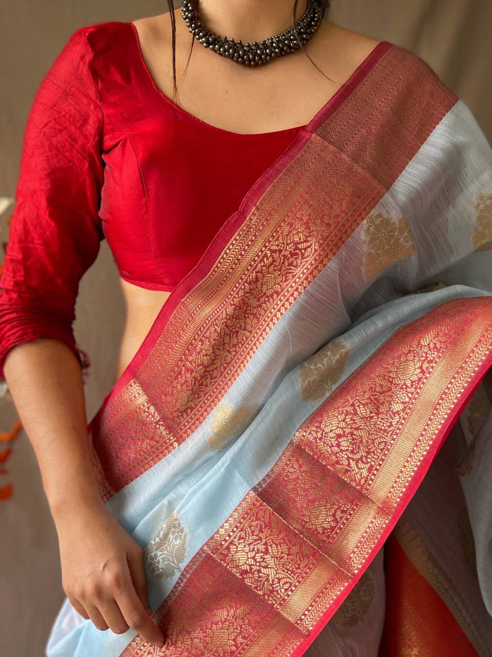 Sky Blue Linen Saree With Chap Border