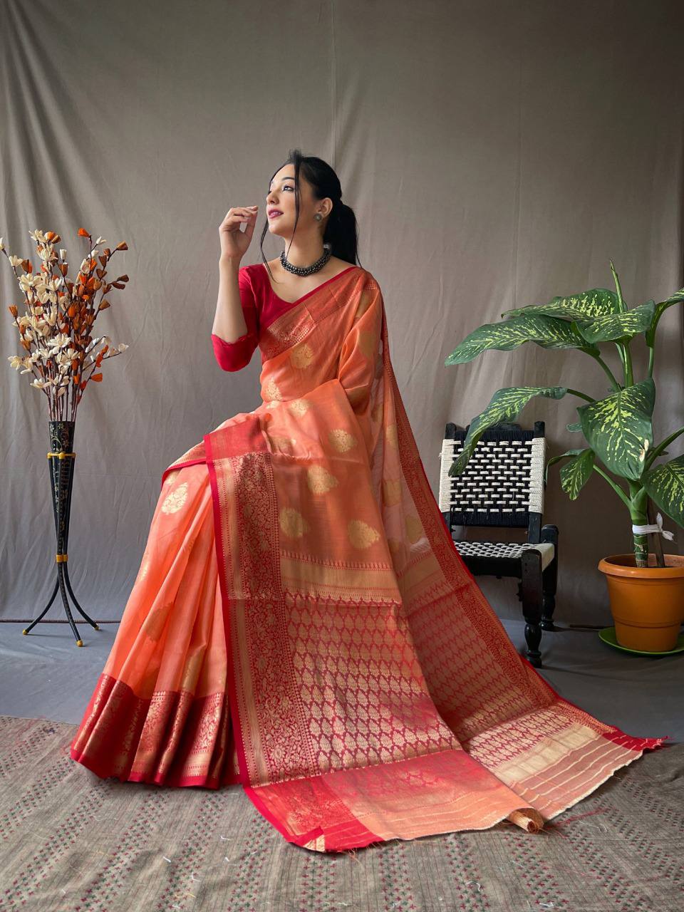 Orange Linen Saree With Chap Border