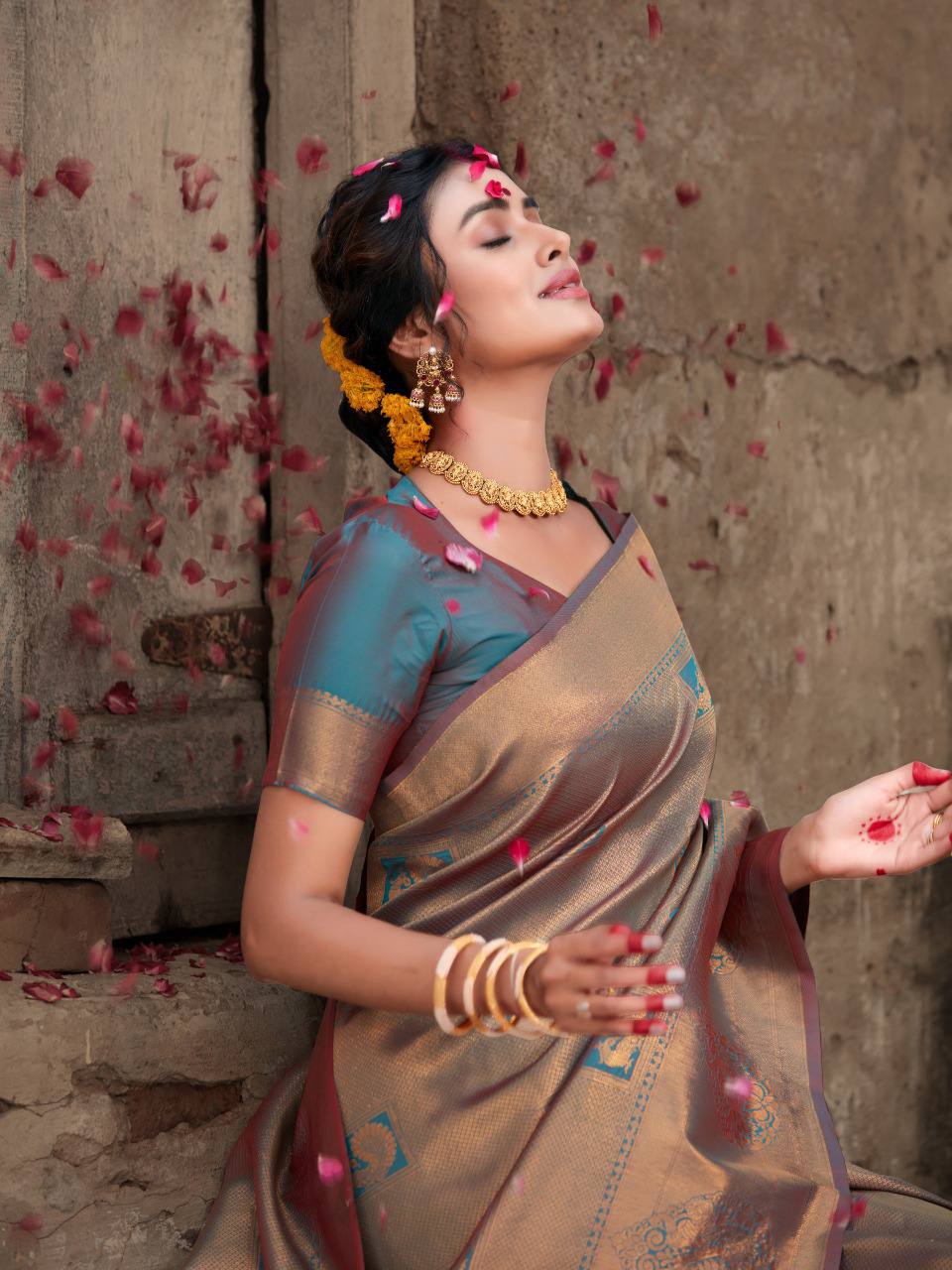 Teal Pure Softy Silk Saree With Handloom Zari