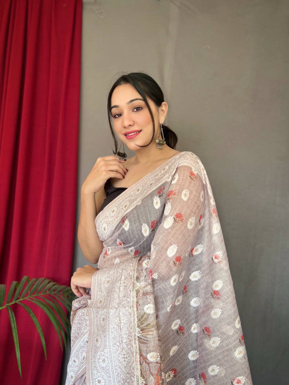 Grey Pure Cotton Linen Saree With Chikankari Lucknowi Work