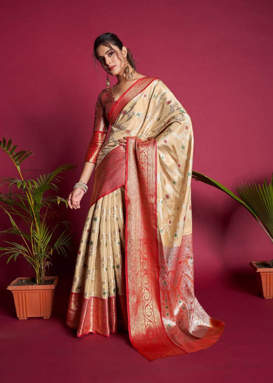 Cream Soft Kanjivaram Silk Saree