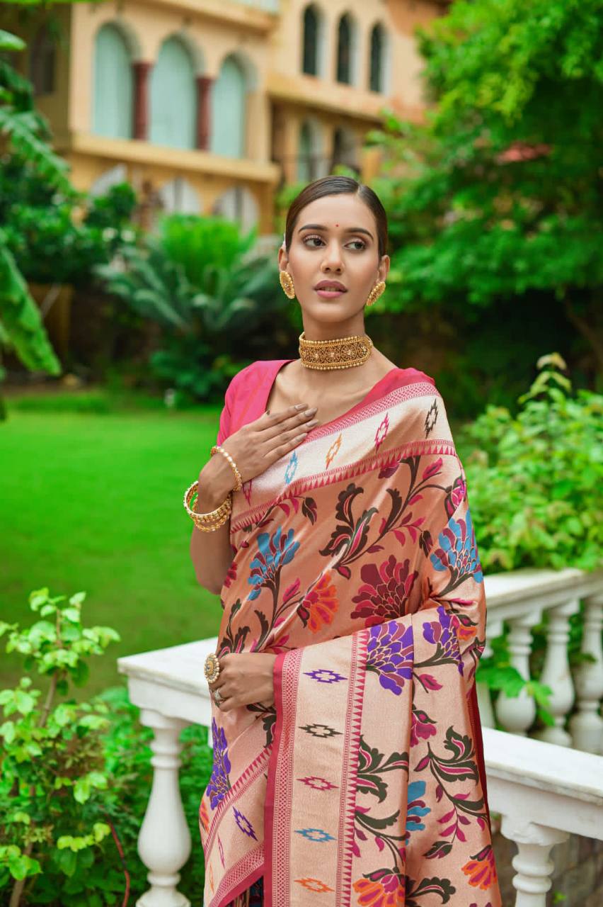 Peach Banarasi Soft Silk Paithani Saree