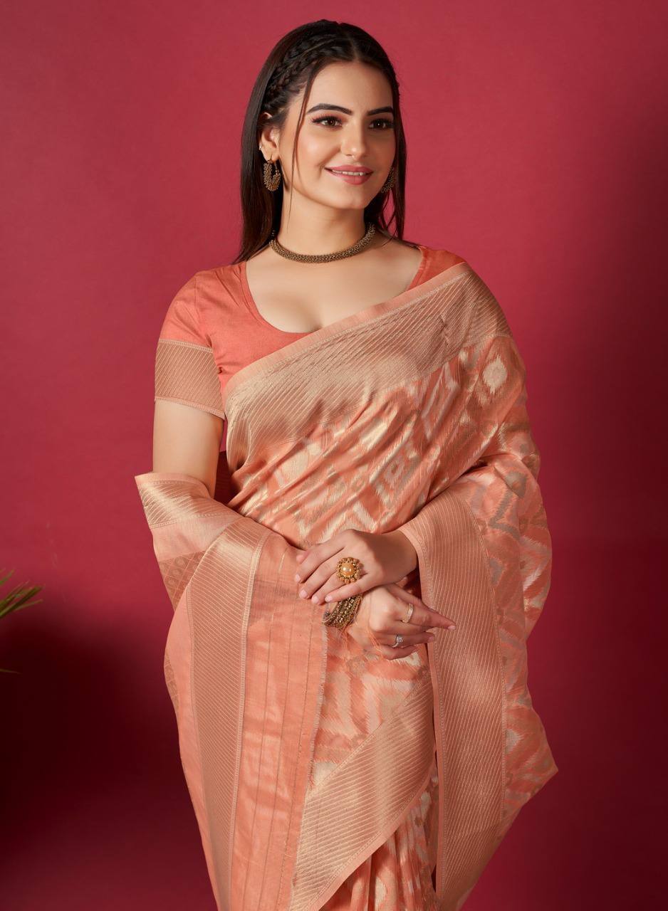 Orange Linen Saree With Ikkat Self Weaving