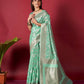 Green Linen Saree With Ikkat Self Weaving