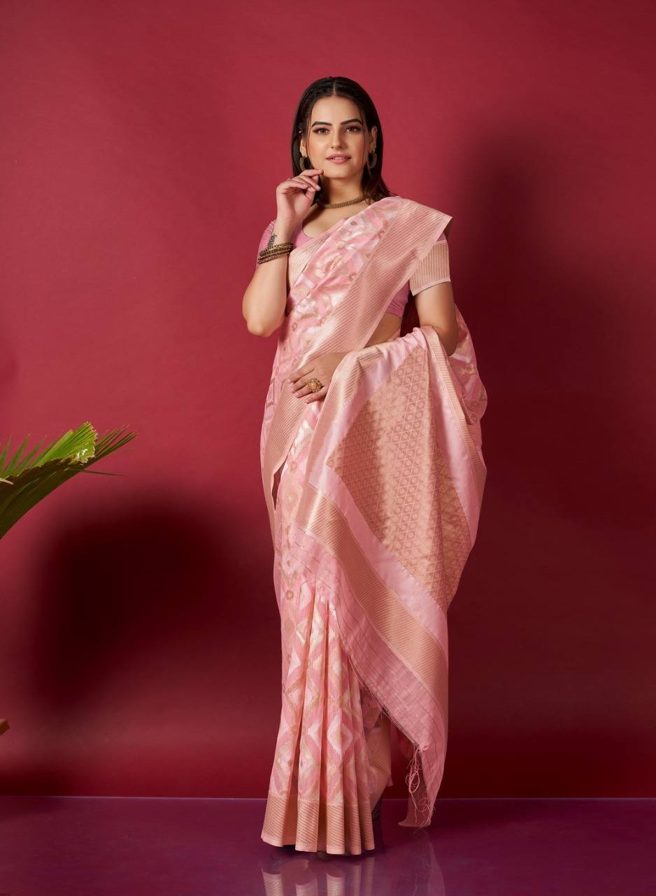 Pink Linen Saree With Ikkat Self Weaving