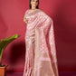 Pink Linen Saree With Ikkat Self Weaving