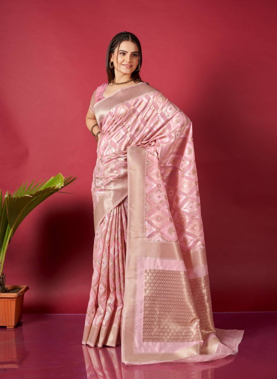 Pink Linen Saree With Ikkat Self Weaving