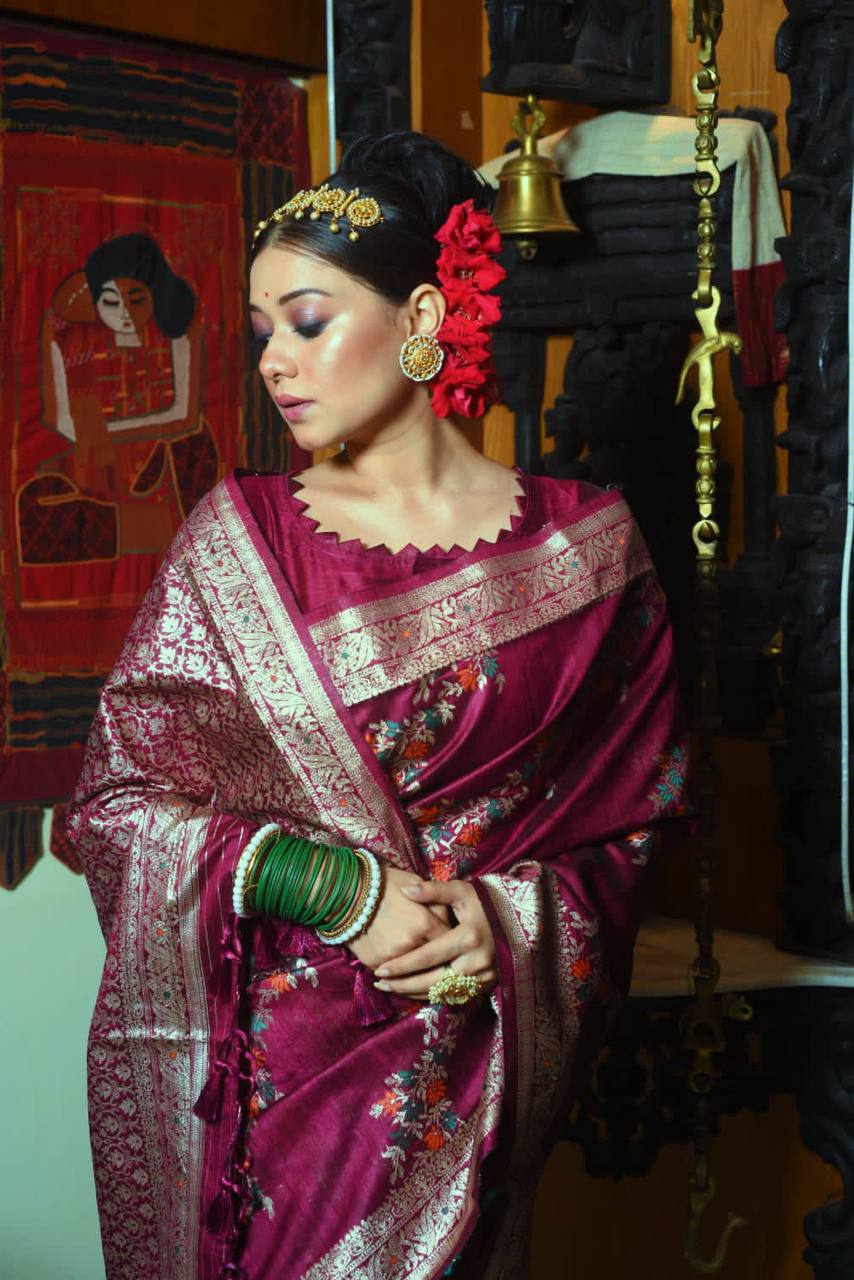 Rani Tussar Silk Jamdani Weaving Saree With Zari