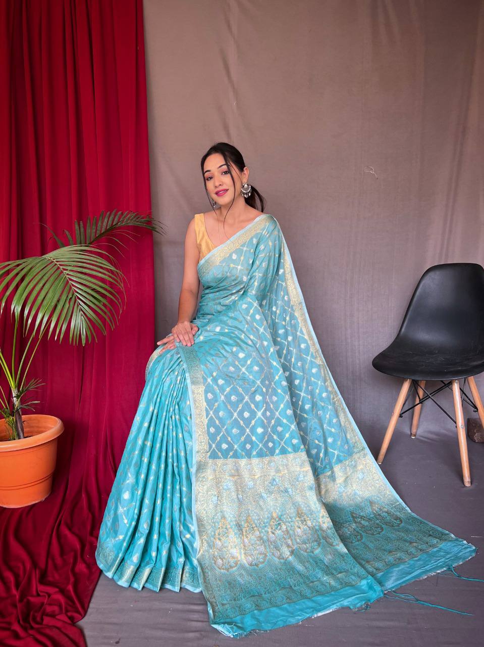 Sky Blue Pure Muslin Soft Silk Saree