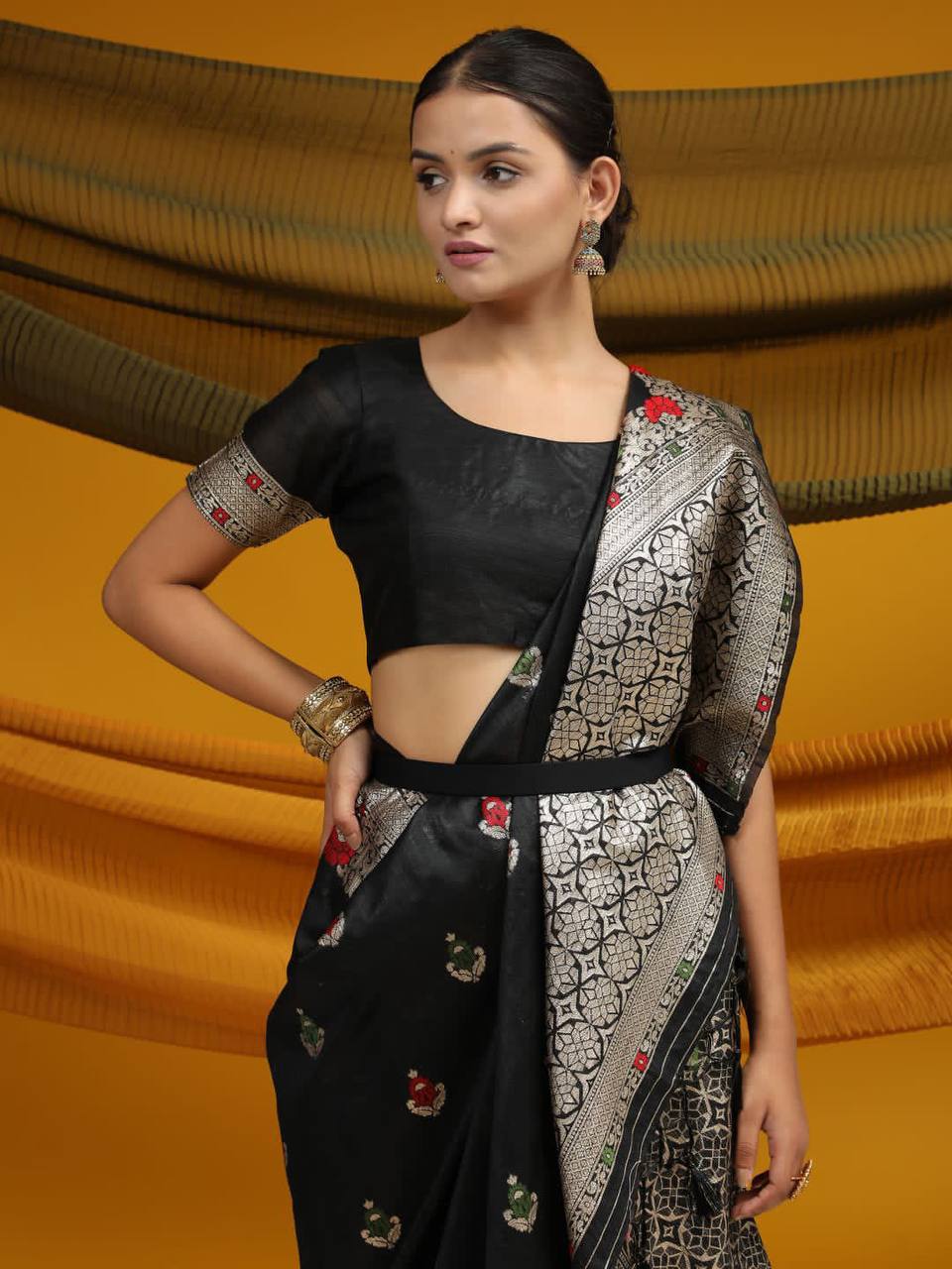 Black Tussar Silk Weaving Saree With Ikkat And Meena Woven Border