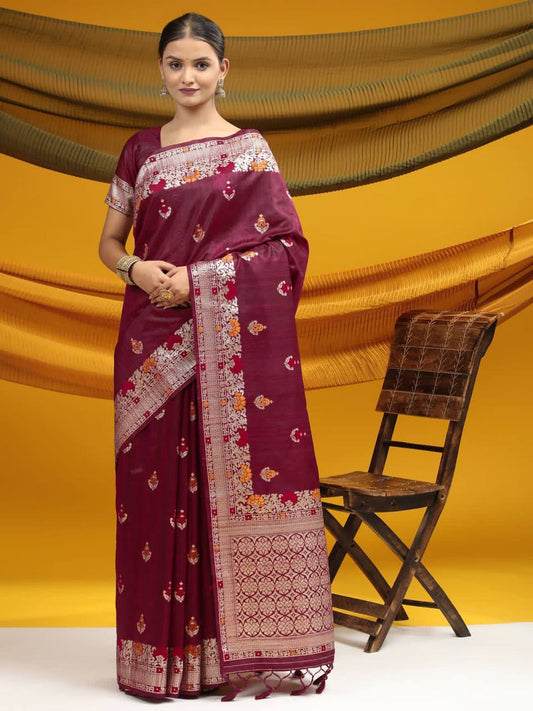 Wine Tussar Silk Weaving Saree With Ikkat And Meena Woven Border