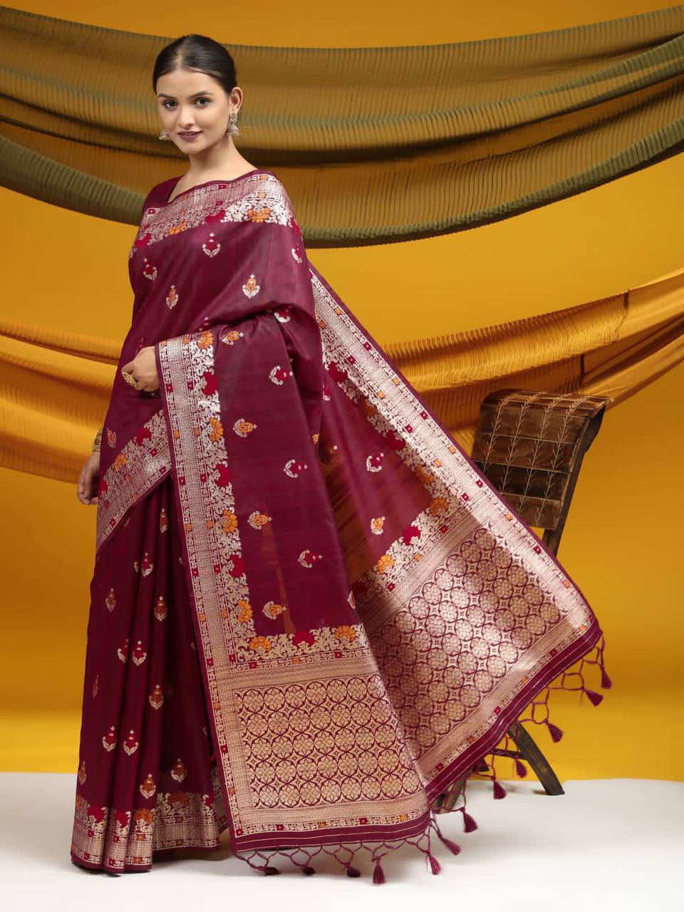 Wine Tussar Silk Weaving Saree With Ikkat And Meena Woven Border