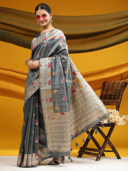 Grey Tussar Silk Weaving Saree With Ikkat And Meena Woven Border