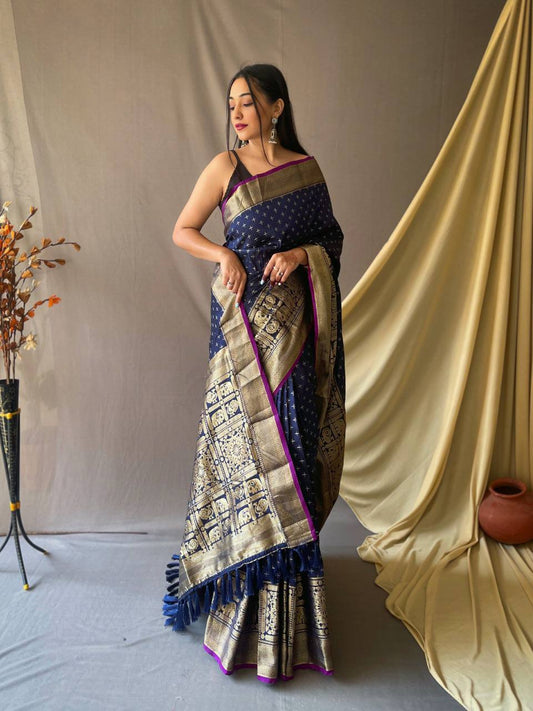 Dark Blue Heavy Copper Jacquard Weaving Border Handloom Saree