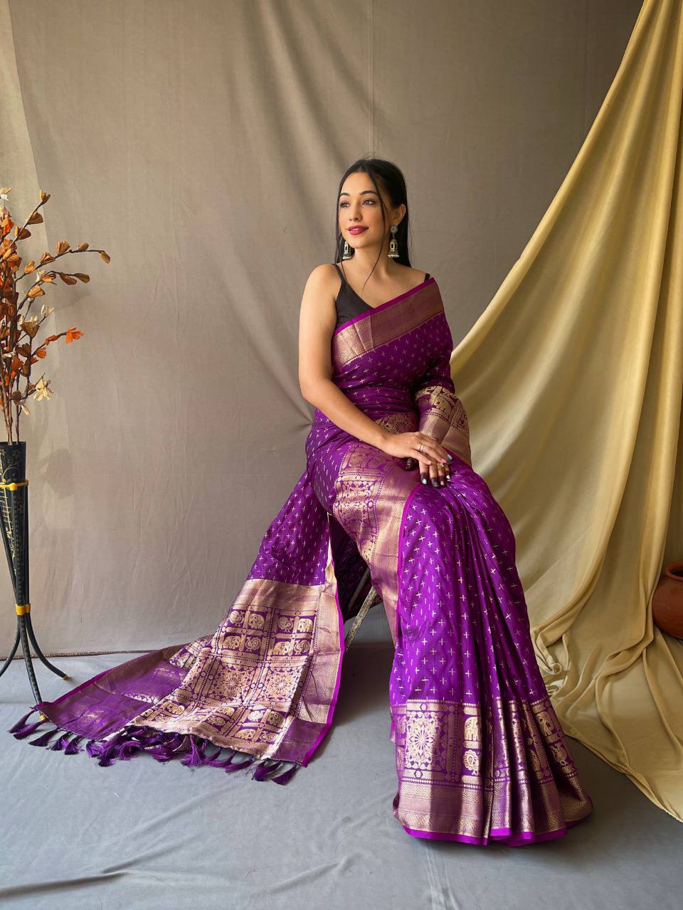 Purple Heavy Copper Jacquard Weaving Border Handloom Saree
