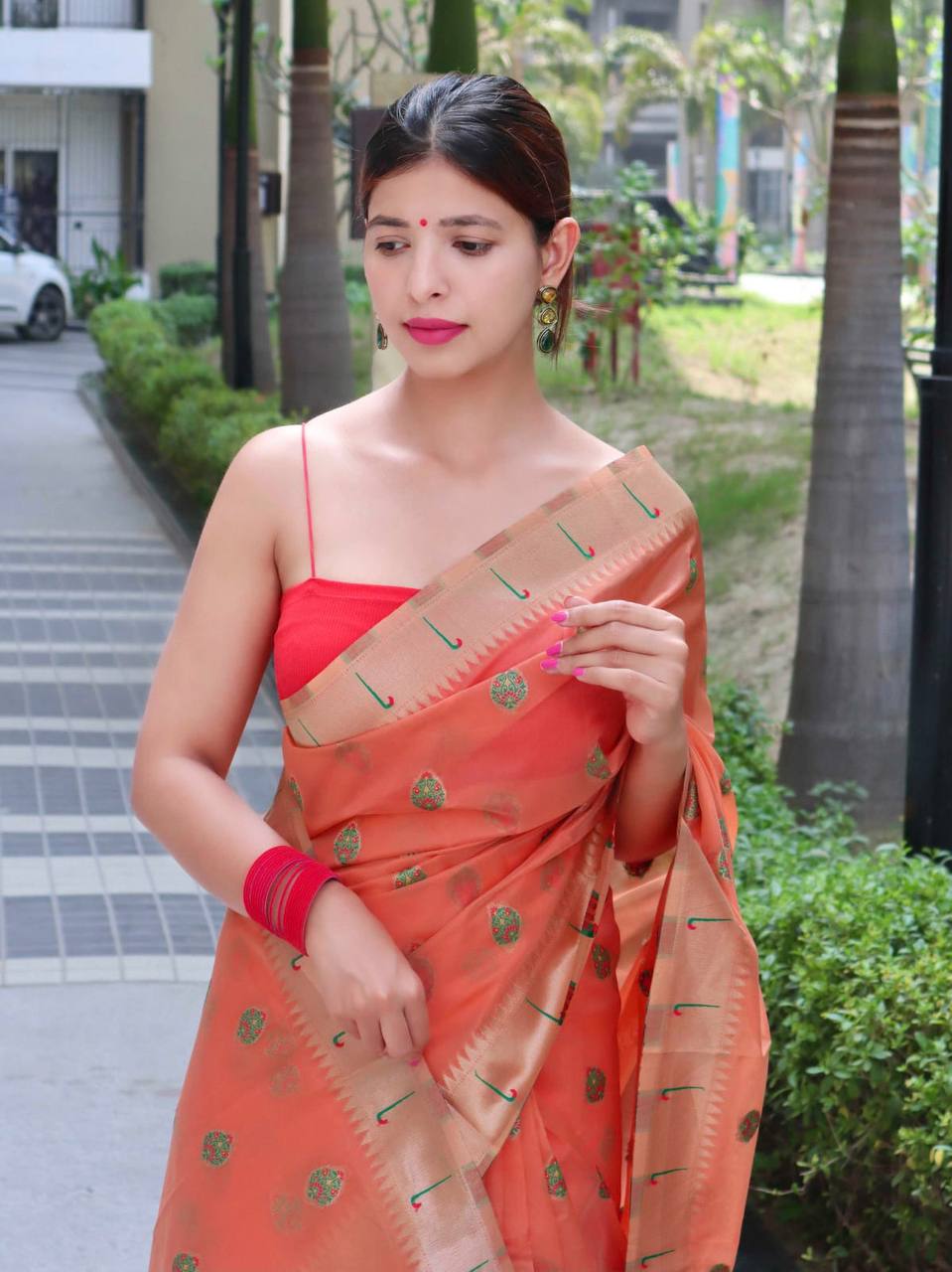Red Paithani Saree With Zari Weaving Border.