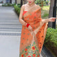 Orange Paithani Saree With Zari Weaving Border.