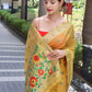 Yellow Paithani Saree With Zari Weaving Border.