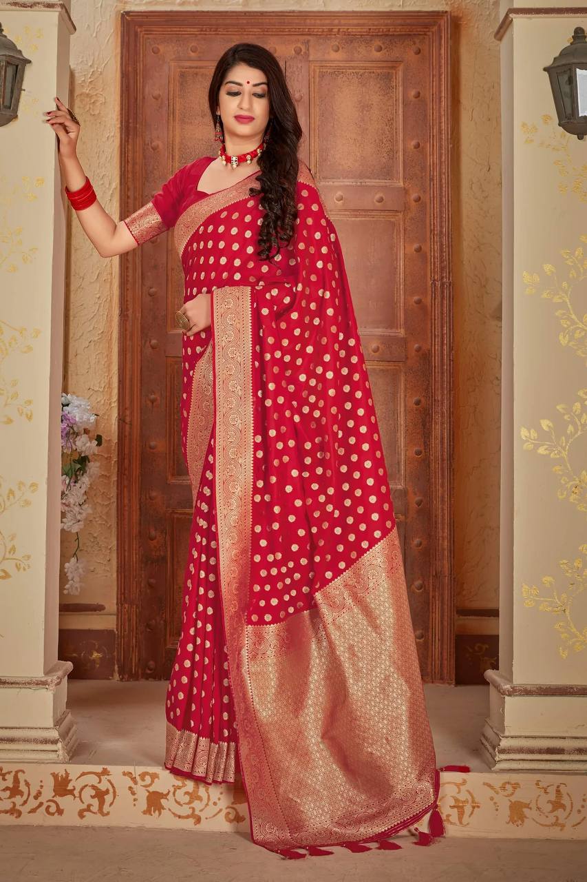 Red Satin Silk Saree With Rich Pallu And All Over Zari Butti