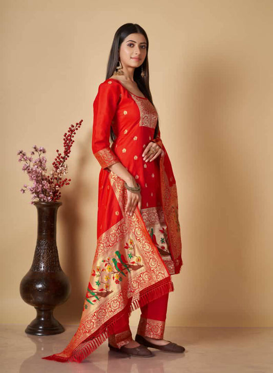 Red Paithani Silk Unstitched Dress