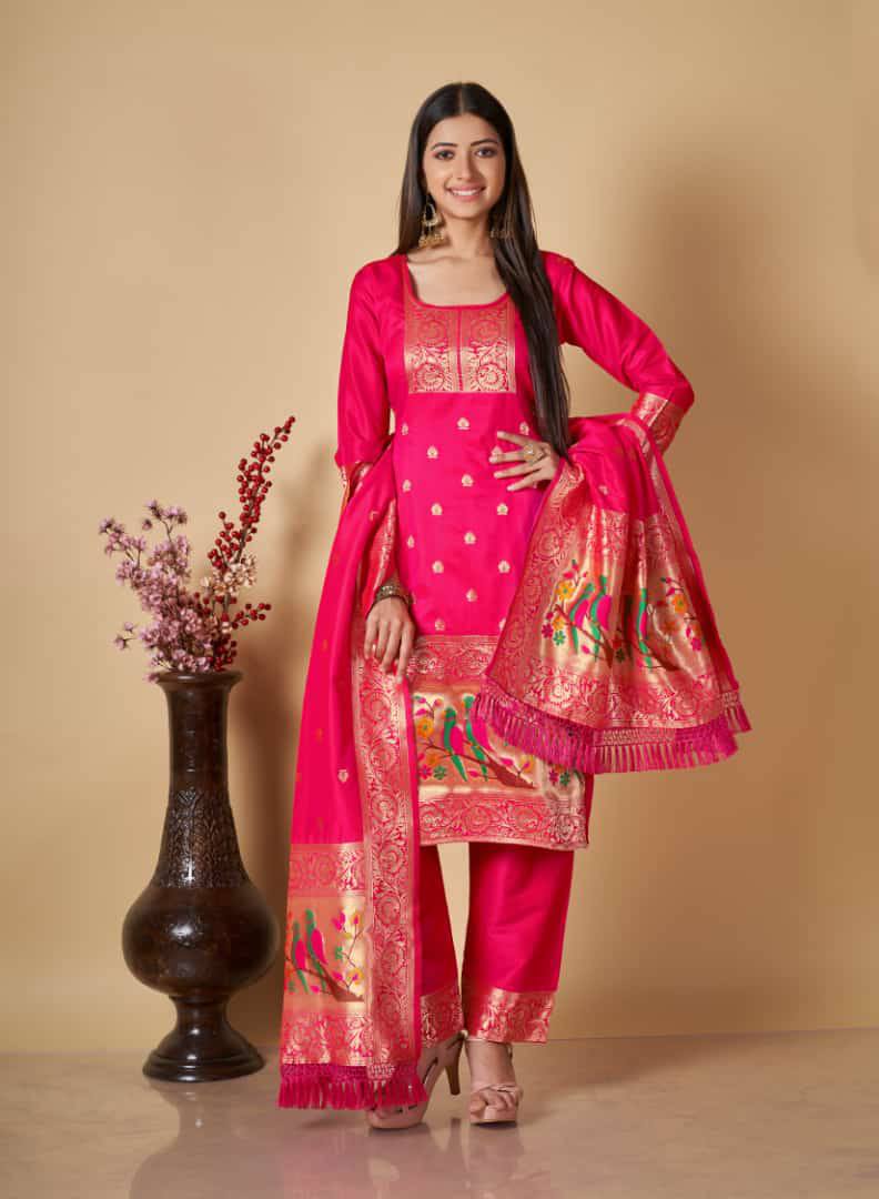 Pink Paithani Silk Unstitched Dress