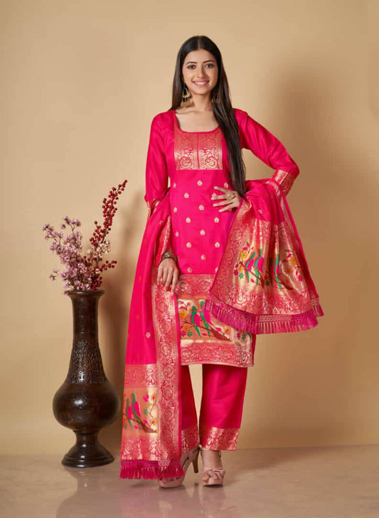 Pink Paithani Silk Unstitched Dress