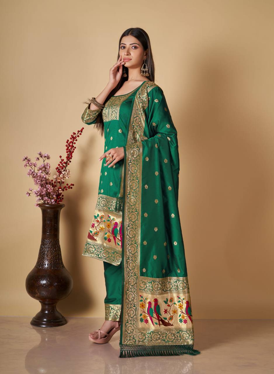 Green Paithani Silk Unstitched Dress