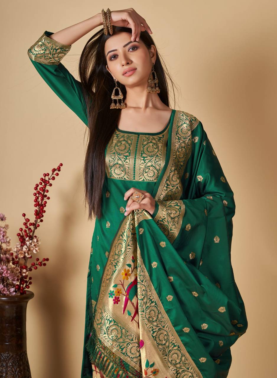 Green Paithani Silk Unstitched Dress