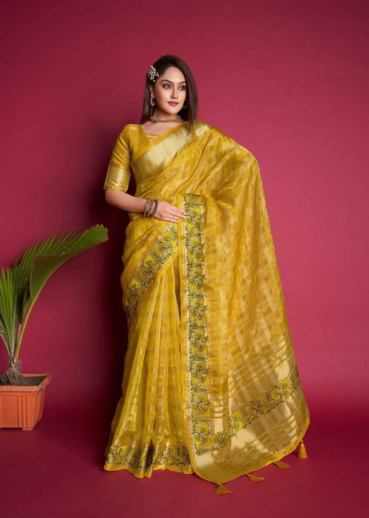 Yellow Tissue Organza Silk Saree