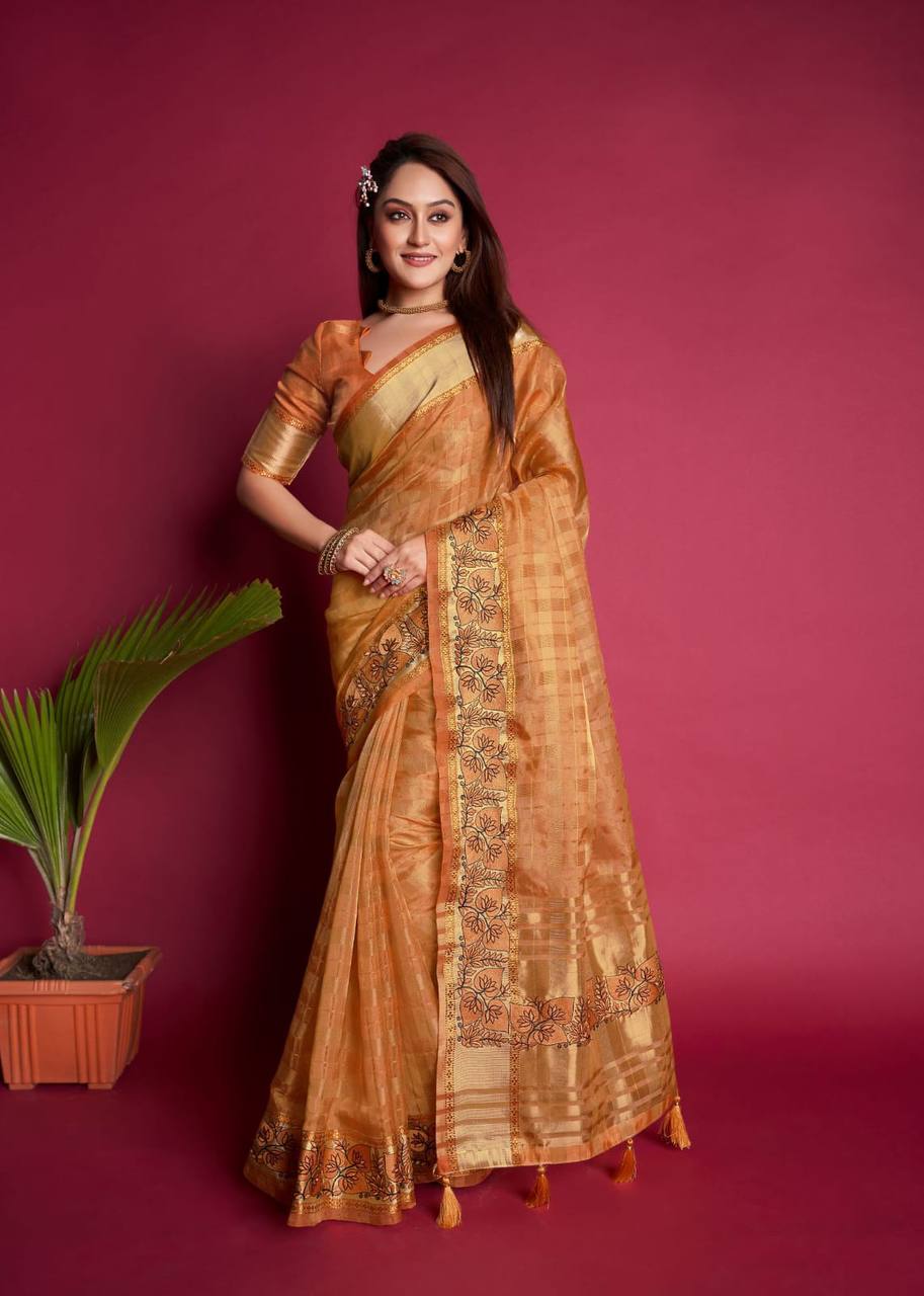 Orange Tissue Organza Silk Saree