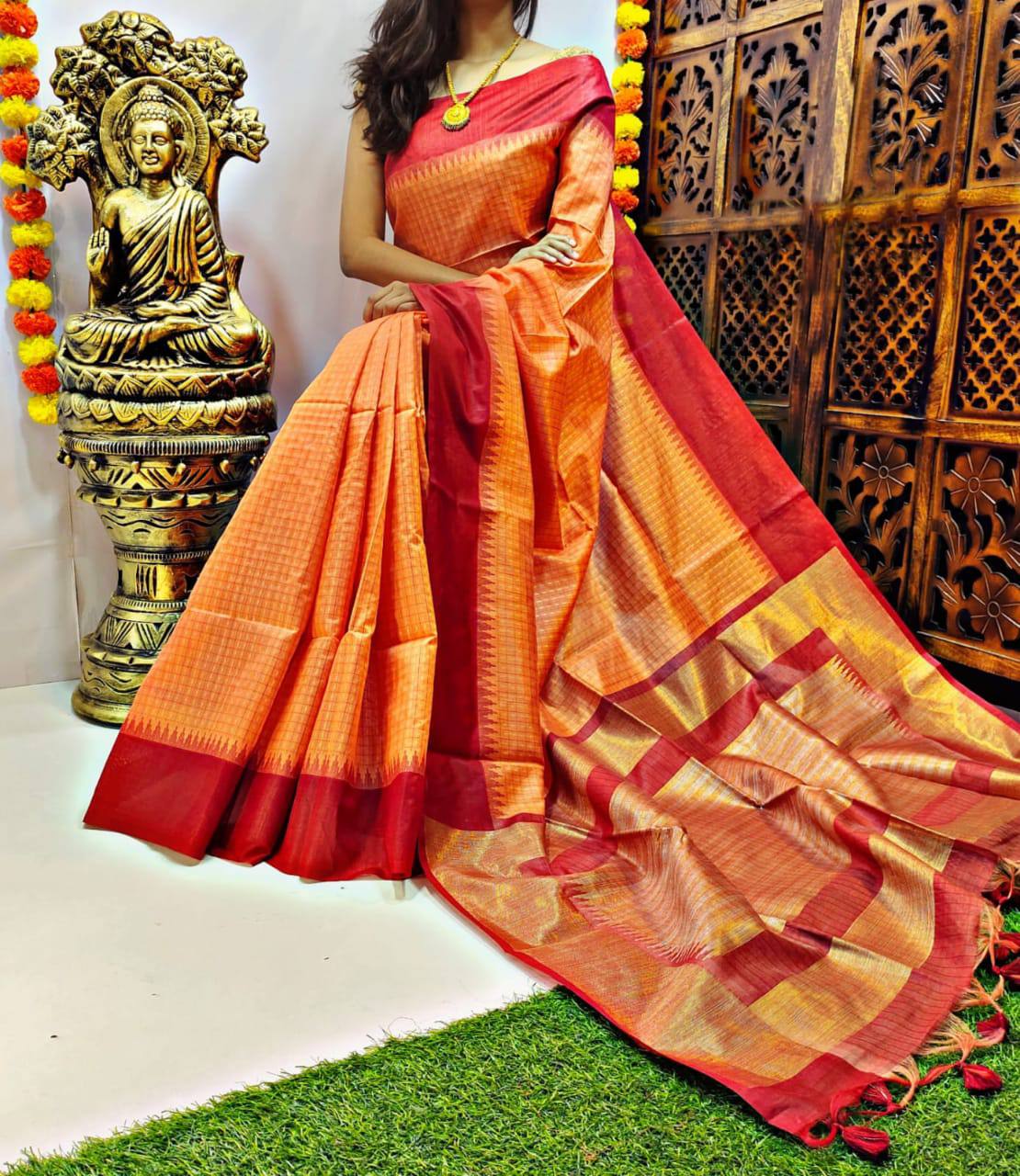 Orange Semi Tussar Silk Saree With Contrast Bomkai Temple Border