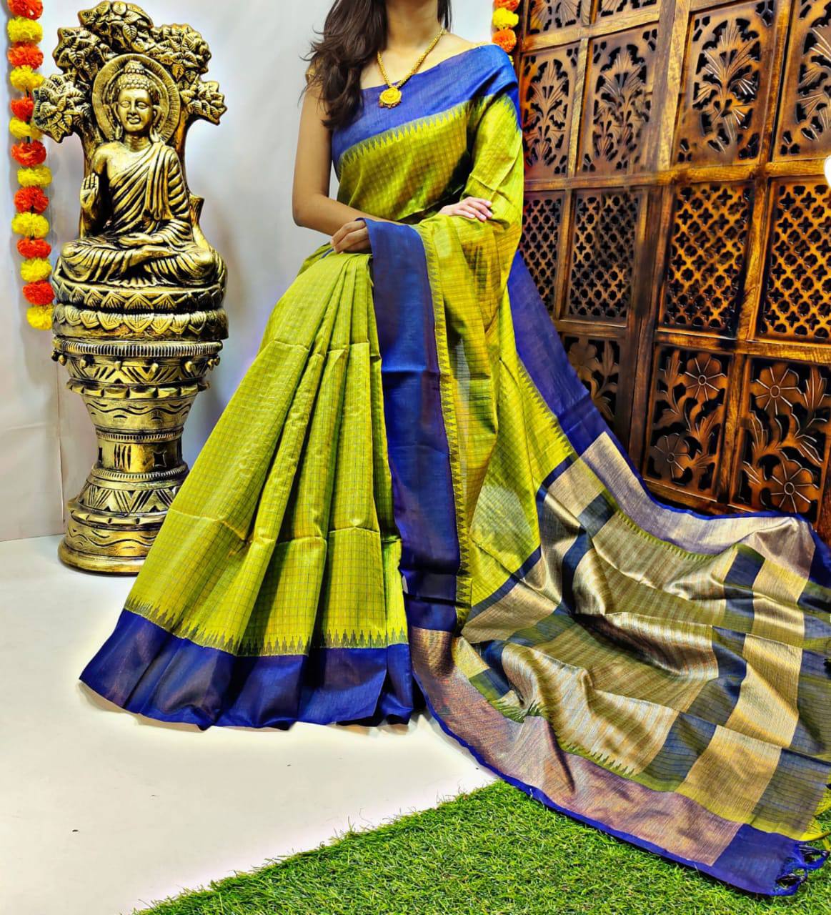 Green Semi Tussar Silk Saree With Contrast Bomkai Temple Border