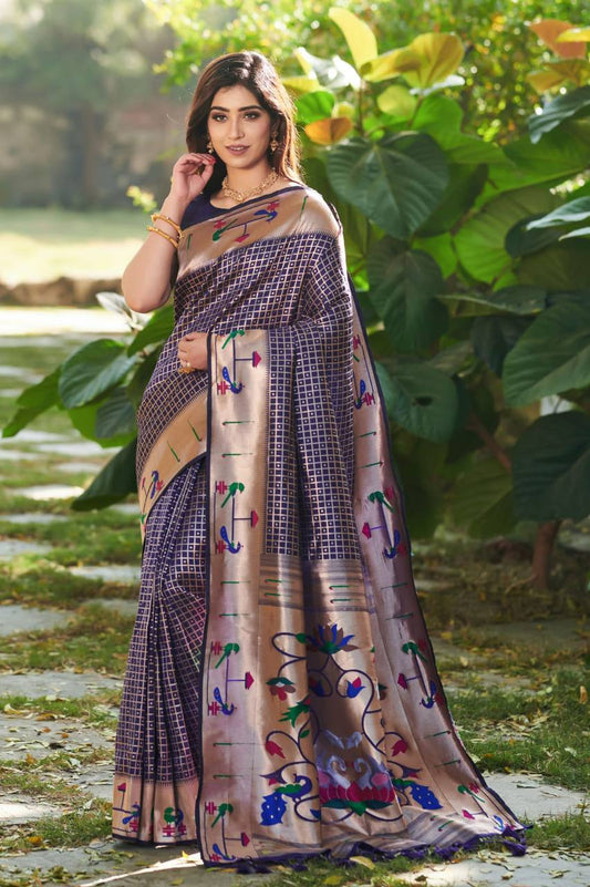 Blue Banarasi Soft Silk Paithani Saree With Fancy Meena Weaves