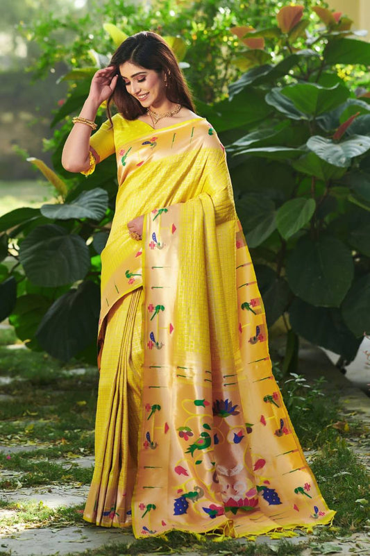 Yellow Banarasi Soft Silk Paithani Saree With Fancy Meena Weaves