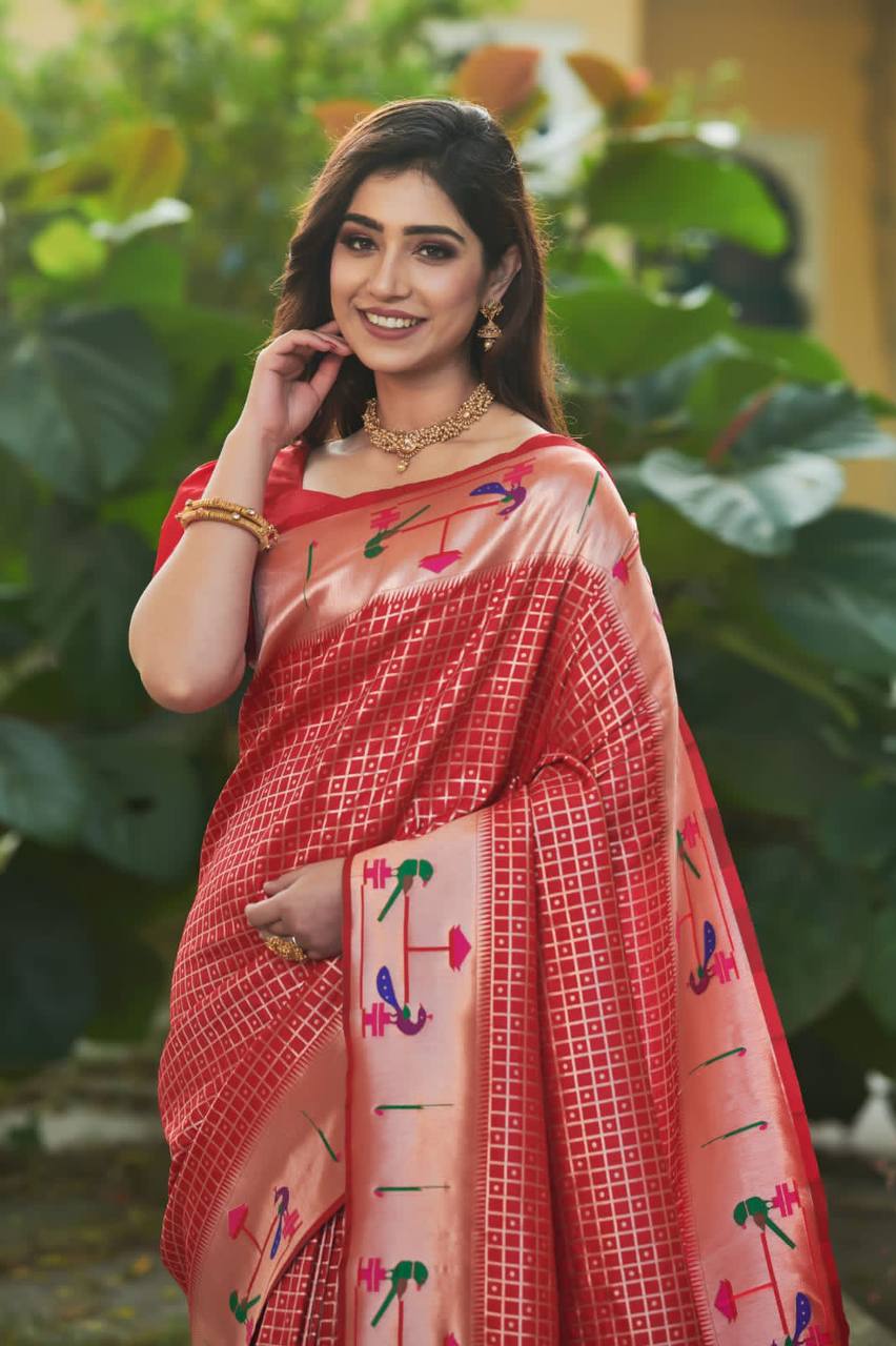Red Banarasi Soft Silk Paithani Saree With Fancy Meena Weaves