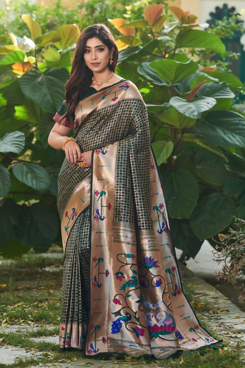 Black Banarasi Soft Silk Paithani Saree With Fancy Meena Weaves
