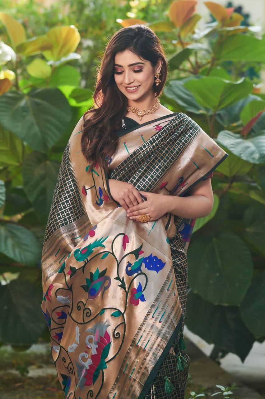 Black Banarasi Soft Silk Paithani Saree With Fancy Meena Weaves